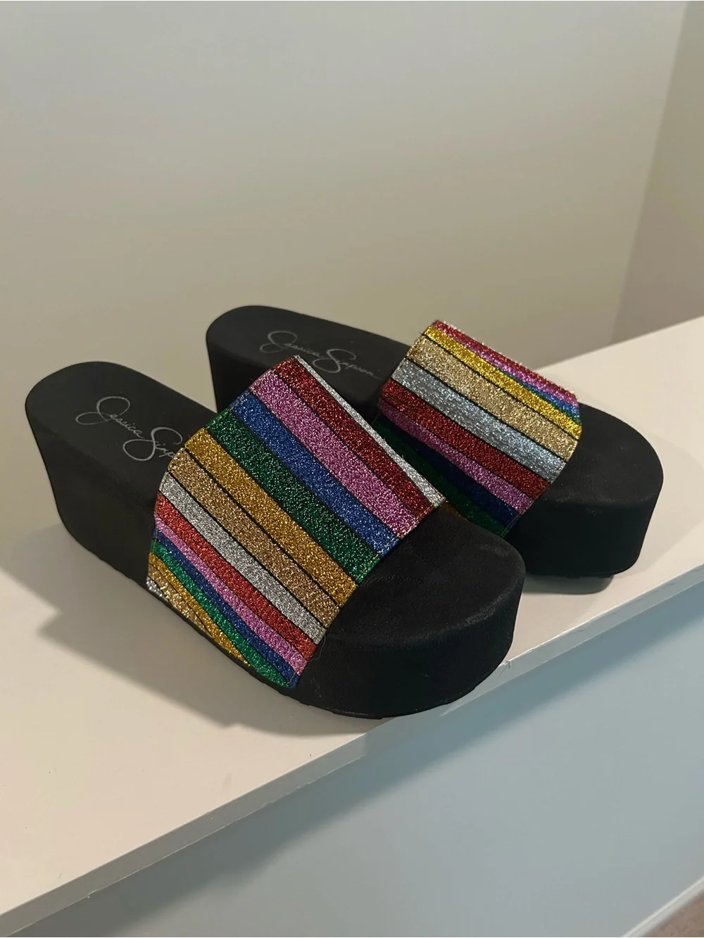 Jessica Simpson Multicolor Glitter Stripe Slide Sandals size 7